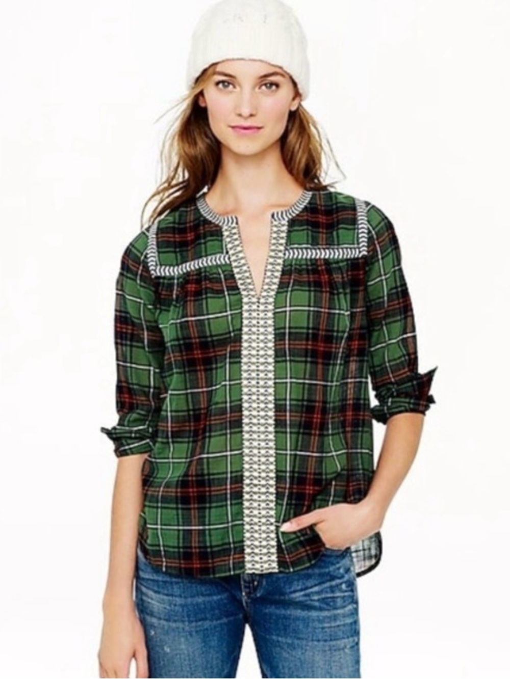 J Crew Green Plaid Peasant Blouse Embroidered Popover Top Womens Size 6 Boho